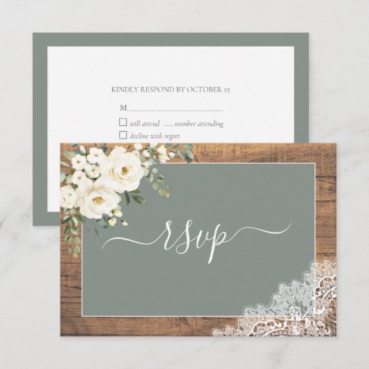 Sage Green White Floral Script Lace Wood RSVP Kaartje (Voorkant / Achterkant)