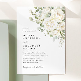 Sage Green White Floral Watercolor Elegant Wedding Kaart
