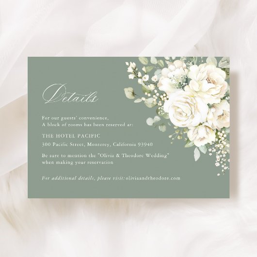 Sage Green White Floral Wedding Accommodation Informatiekaartje