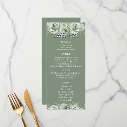 Sage Green White Floral Wedding Reception Menu  (Voorkant / Achterkant in situ)