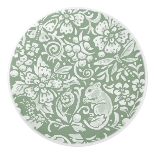 Sage Green White Garden Animals Floral PatternC Keramische Knop (Voorkant)
