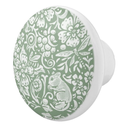 Sage Green White Garden Animals Floral PatternC Keramische Knop (Rechts)