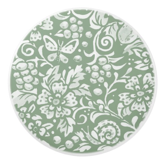 Sage Green White Garden Animals Florence Pattern   Keramische Knop (Voorkant)