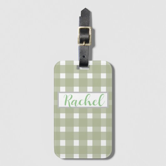 Sage Green White Gingham, gepersonaliseerd Bagagelabel (Voorkant (verticaal))