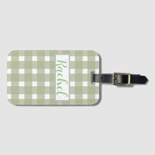 Sage Green White Gingham, gepersonaliseerd Bagagelabel (Voorkant (horizontaal))