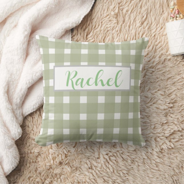 Sage Green White Gingham, gepersonaliseerd Kussen (Deken)
