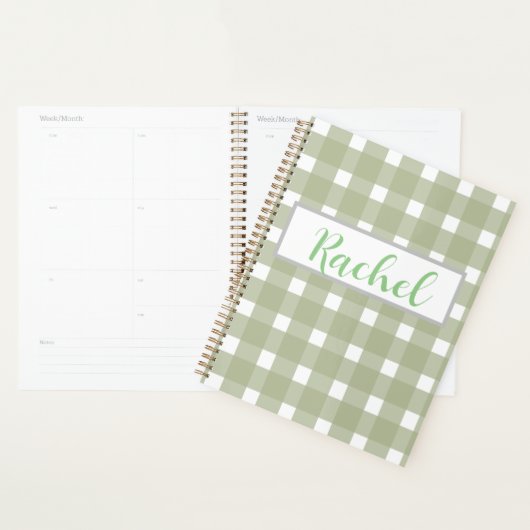 Sage Green White Gingham, gepersonaliseerd Planner (Display)