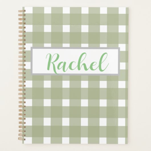 Sage Green White Gingham, gepersonaliseerd Planner (Voorkant)