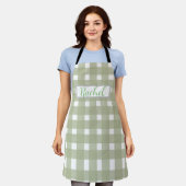 Sage Green White Gingham, gepersonaliseerd Schort (Gedragen)