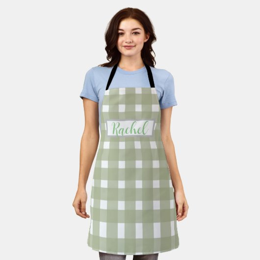 Sage Green White Gingham, gepersonaliseerd Schort (Gedragen)