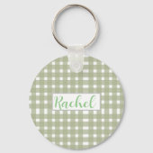 Sage Green White Gingham, gepersonaliseerd Sleutelhanger (Voorkant)