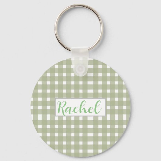 Sage Green White Gingham, gepersonaliseerd Sleutelhanger (Voorkant)