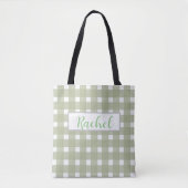 Sage Green White Gingham, gepersonaliseerd Tote Bag (Voorkant)