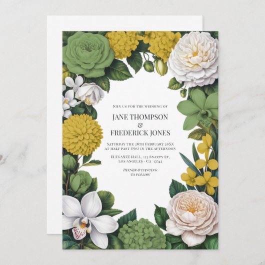 Sage Green, White & Gold Floral Wedding Kaart (Voorkant / Achterkant)