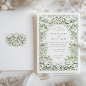 Sage Green White Iris Wedding Faux Embossed Design Kaart