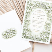 Sage Green White Iris Wedding Faux Embossed Design Kaart