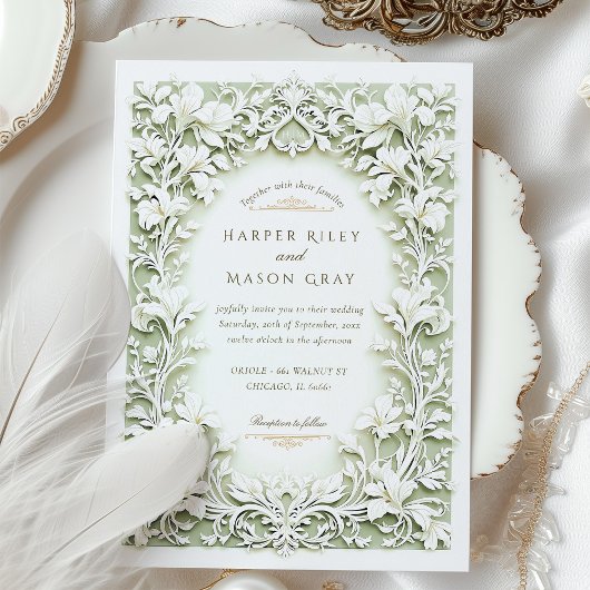 Sage Green White Iris Wedding Faux Embossed Design Kaart