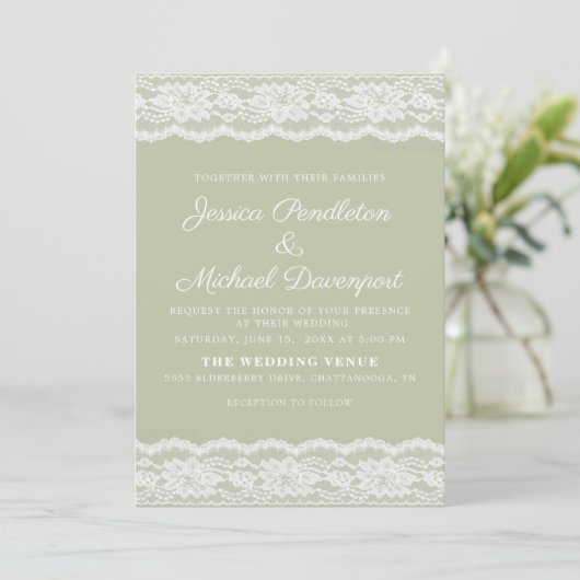  Sage Green White Lace Wedding Kaart (Staand voorkant)