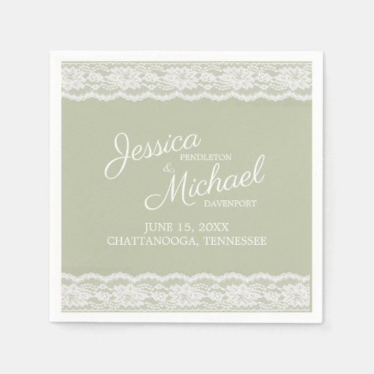 Sage Green White Lace Wedding Names Date Servet (Voorkant)
