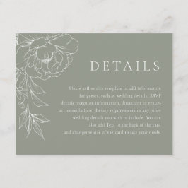 Sage Green White Line Art Floral Wedding Details Informatiekaartje
