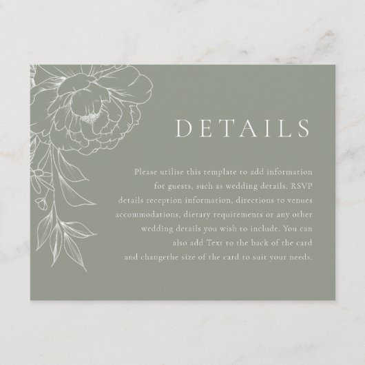 Sage Green White Line Art Floral Wedding Details Informatiekaartje (Voorkant)