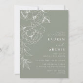 Sage Green White Line Art Floral Wedding Kaart (Voorkant)
