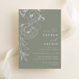 Sage Green White Line Art Floral Wedding Kaart