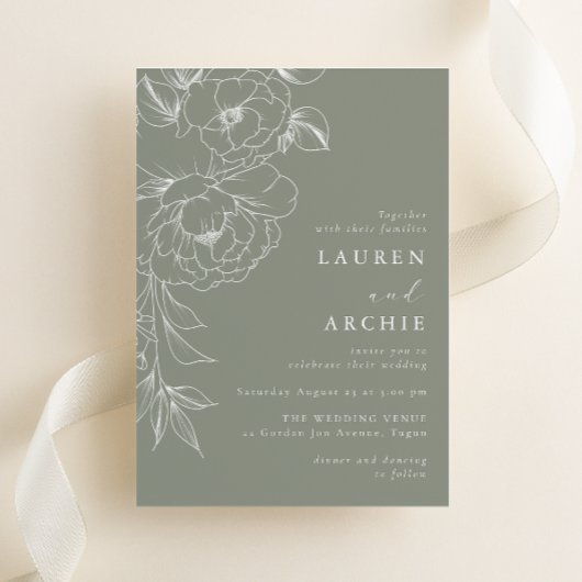 Sage Green White Line Art Floral Wedding Kaart