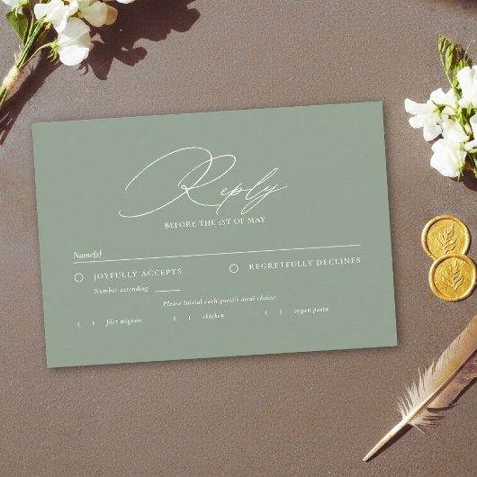 Sage Green White Modern Calligraphy Meal Wedding RSVP Kaartje