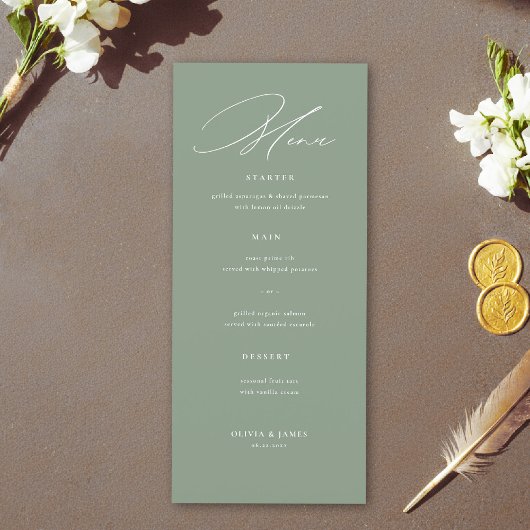 Sage Green White Modern Calligraphy Wedding Menu