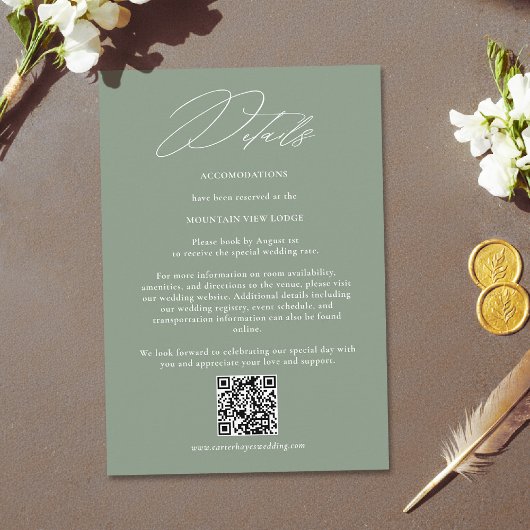 Sage Green White Modern QR Code Wedding Details Informatiekaartje