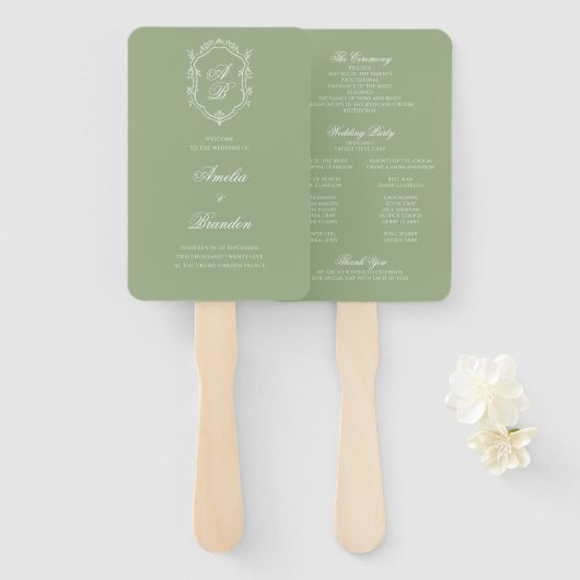 Sage Green & White Monogram Crest Wedding Program Handwaaier (Voorkant en achterkant)