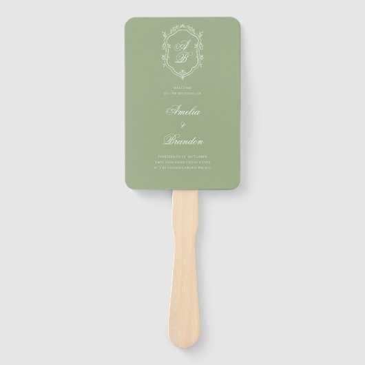 Sage Green & White Monogram Crest Wedding Program Handwaaier (Voorkant)