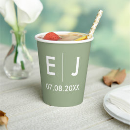 Sage Green & White Monogram Weddenschap Papieren Bekers