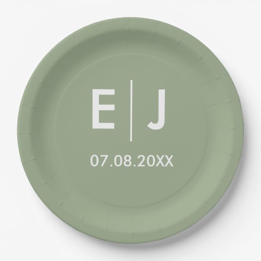 Sage Green & White Monogram Weddenschap Papieren Bordje (Voorkant)