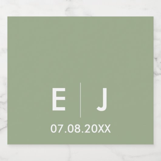 Sage Green & White Monogram Weddenschap Sparkling Wijnetiket (Enkel label)