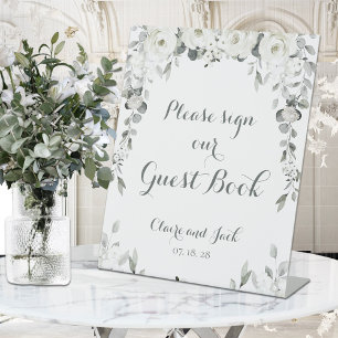 Sage Green White Peony Sign Our Guest Book Reclamebord Met Voetstuk