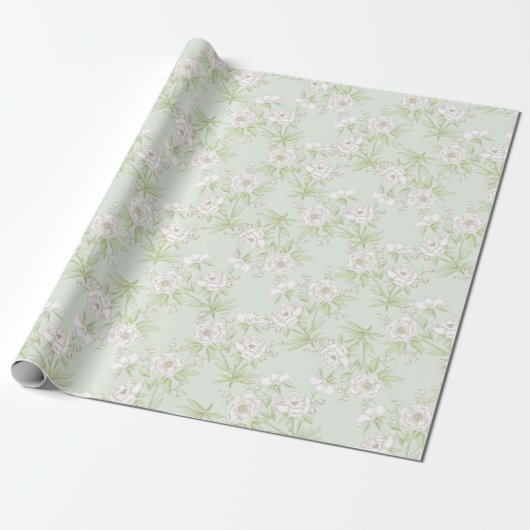 Sage Green White Rose Wedding Cadeaupapier (Uitgerold)