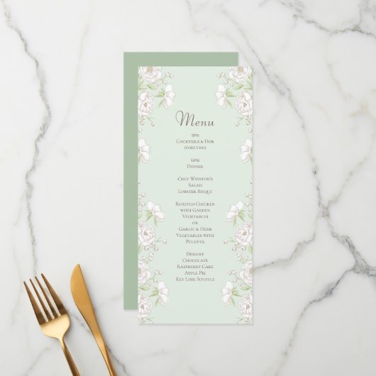 Sage Green White Rose Wedding Menus Menu (Voorkant / Achterkant in situ)