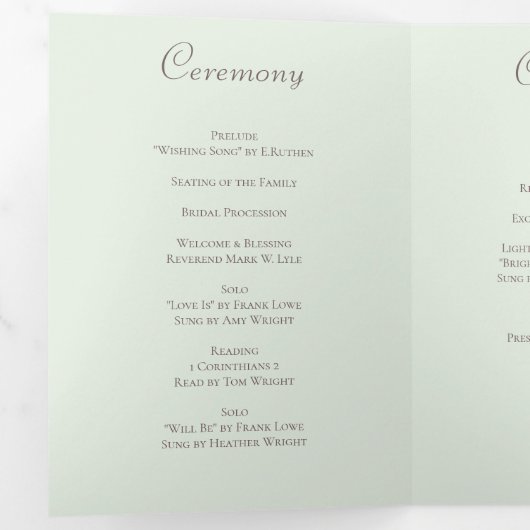 Sage Green White Rose Wedding Programs Drieluik Programma (Binnenzijde eerst)