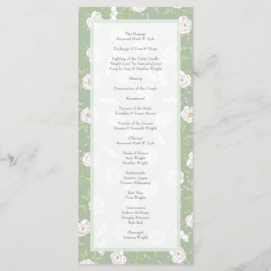 Sage Green White Rose Wedding Programs Menu (Achterkant)