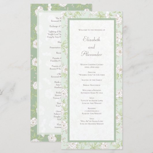 Sage Green White Rose Wedding Programs Menu (Voorkant / Achterkant)