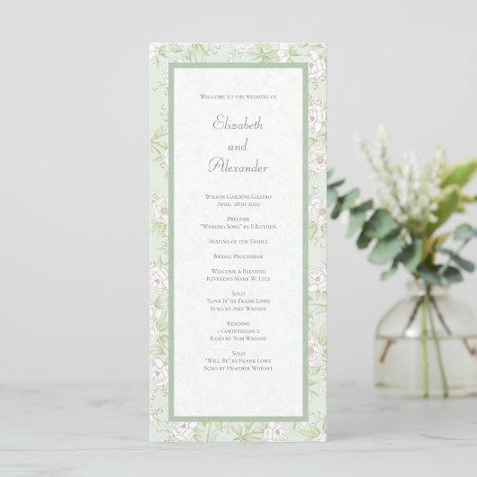 Sage Green White Rose Wedding Programs Menu (Staand voorkant)