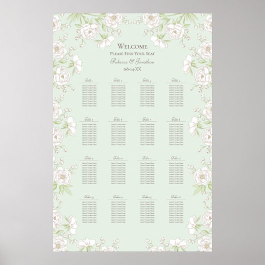 Sage Green White Rose Wedding Seating Chart Poster (Voorkant)