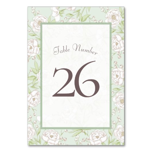 Sage Green White Rose Wedding Table Number Kaart (Voorkant)
