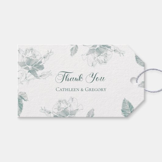 Sage Green White Roses Floral Thank You Wedding Cadeaulabel (Voorkant (Horizontaal))