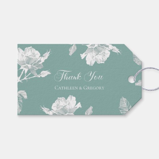 Sage Green White Roses Line Art Thank You Wedding Cadeaulabel (Voorkant (Horizontaal))