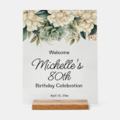 Sage Green White Roses Transparent 80th Birthday Acryl Bord (Voorkant)