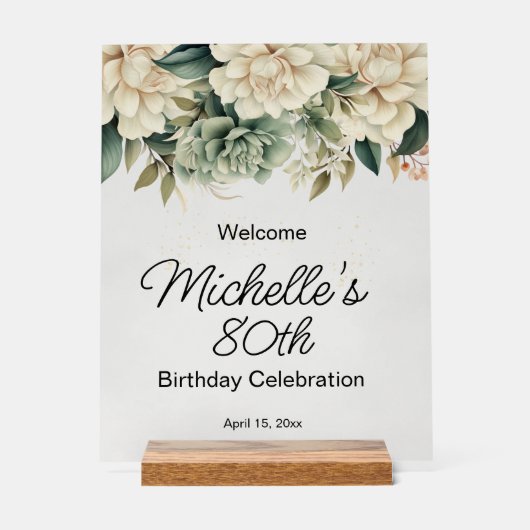 Sage Green White Roses Transparent 80th Birthday Acryl Bord (Voorkant)