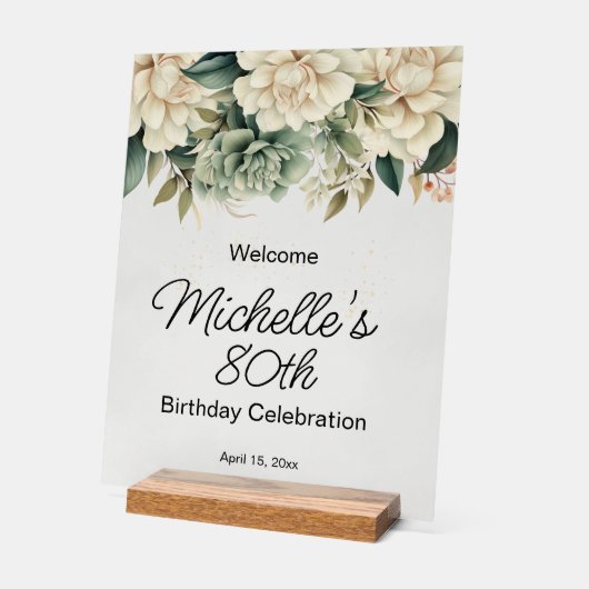 Sage Green White Roses Transparent 80th Birthday Acryl Bord (Hoek)